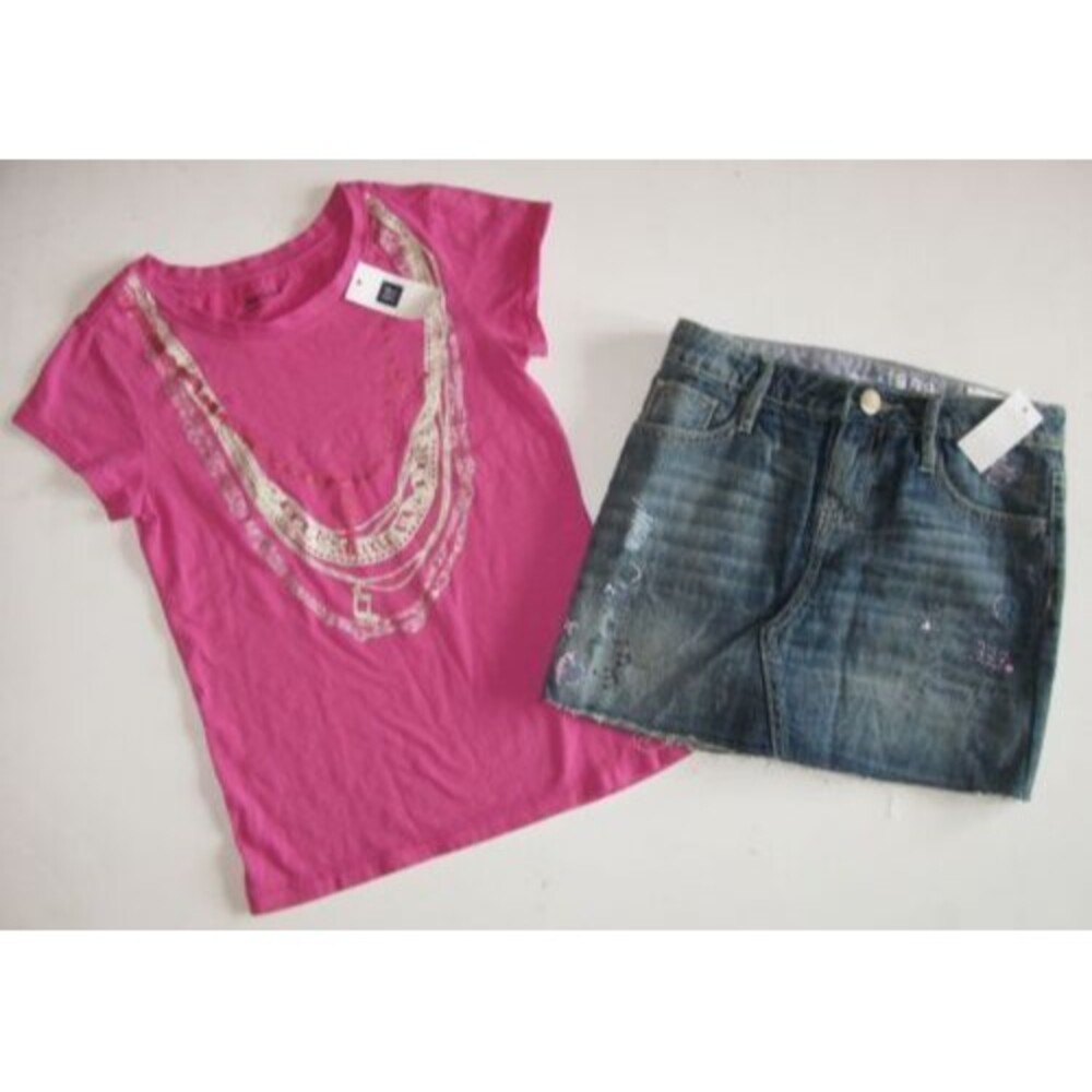 NEW Gap kids girls outfit 8 M denim jean skirt pink silver necklace top t-shirt